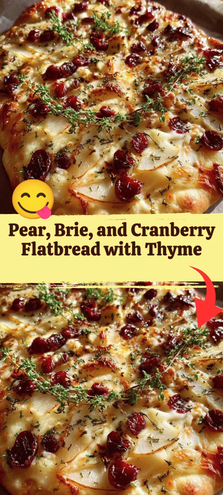 Delicious Pear, Brie, and Cranberry Flatbread garnished with Thyme on a wooden board
