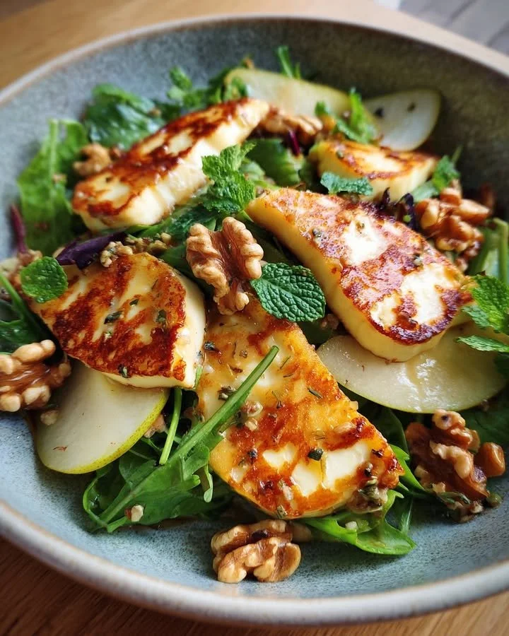 Fresh Pear & Halloumi Salad with walnuts, mint, and honey dressing