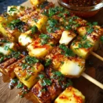 Delicious pear halloumi skewers drizzled with spicy chili sauce.
