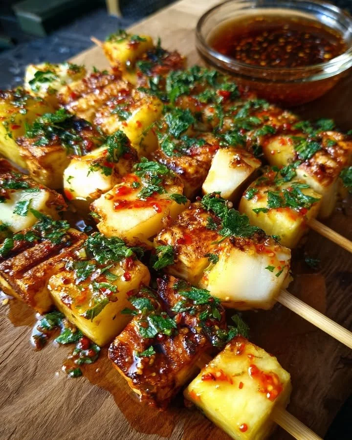 Delicious pear halloumi skewers drizzled with spicy chili sauce.