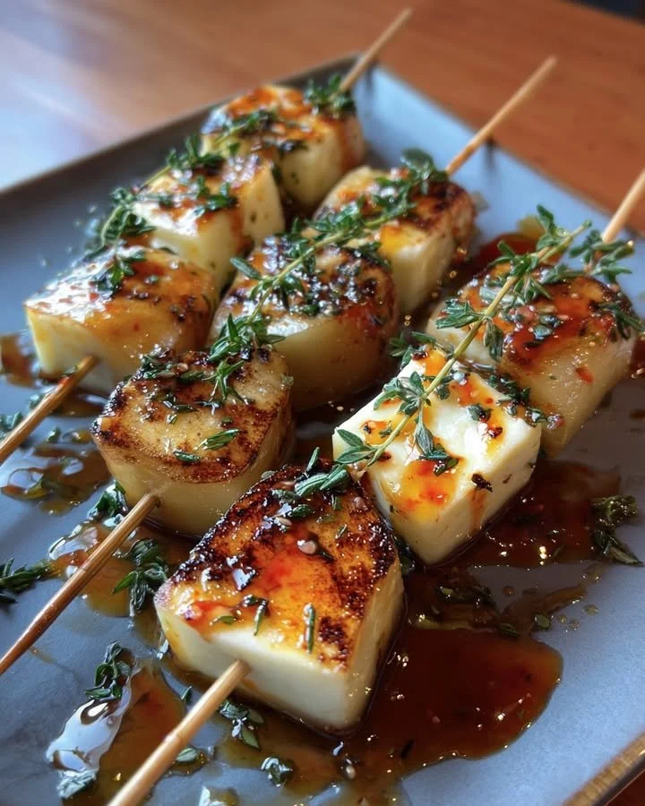 Pear Halloumi Skewers drizzled with chili sauce on a serving platter