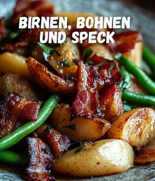 Delicious pears, beans, and bacon dish showcasing unique flavors.