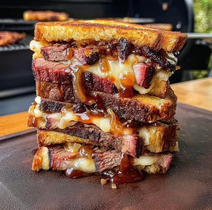 Delicious Pellet Smoked Brisket Melt with melted cheese and smoked brisket sandwich