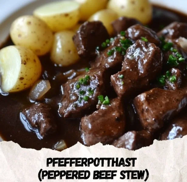 Bowl of peppered beef stew with vegetables and herbs