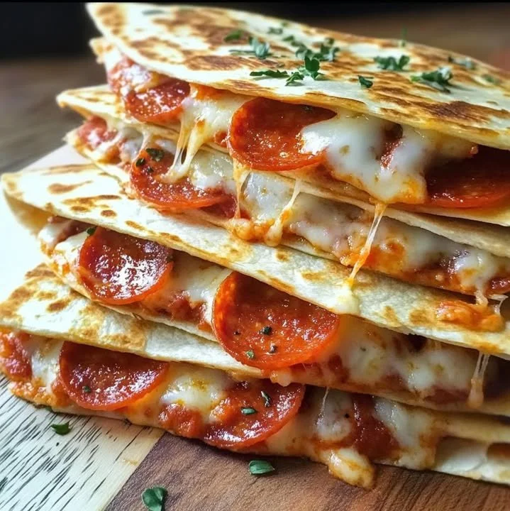 Delicious pepperoni pizza quesadillas served on a plate with melted cheese and toppings