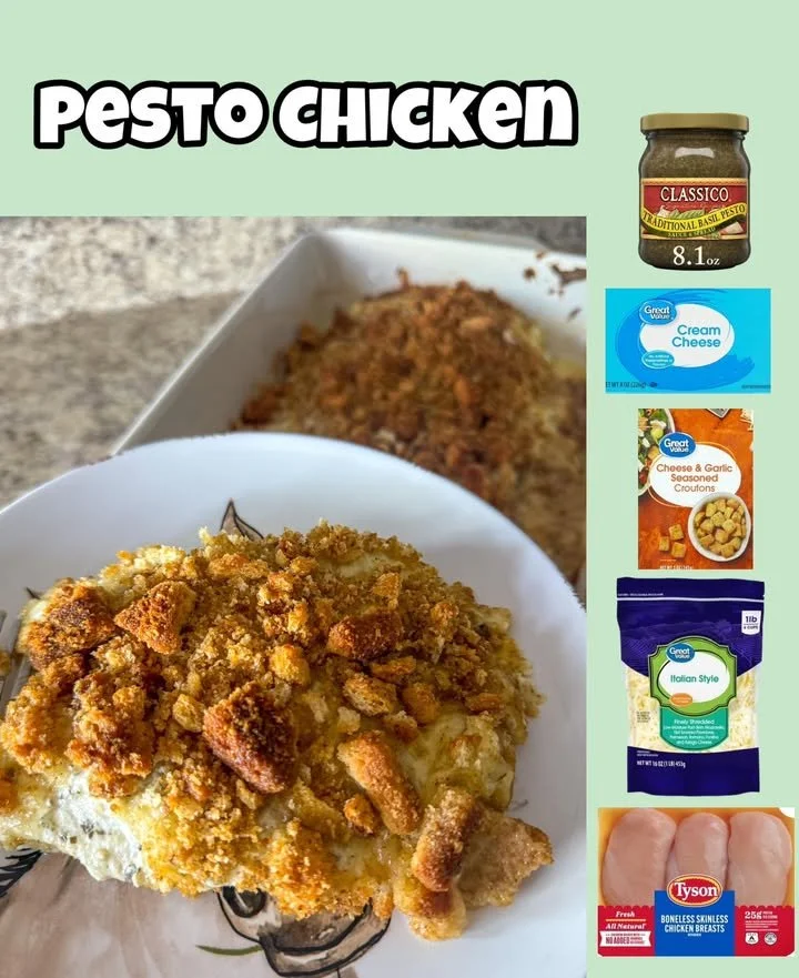 Baked Pesto Chicken served with fresh herbs and garnishes