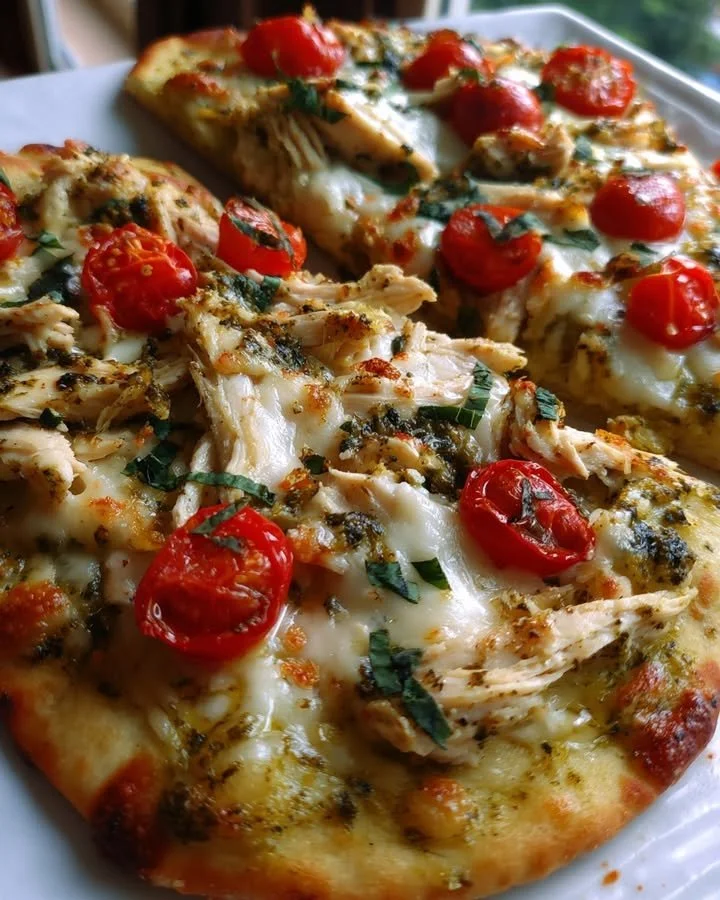 Delicious Pesto Chicken Flatbread with cherry tomatoes and mozzarella cheese