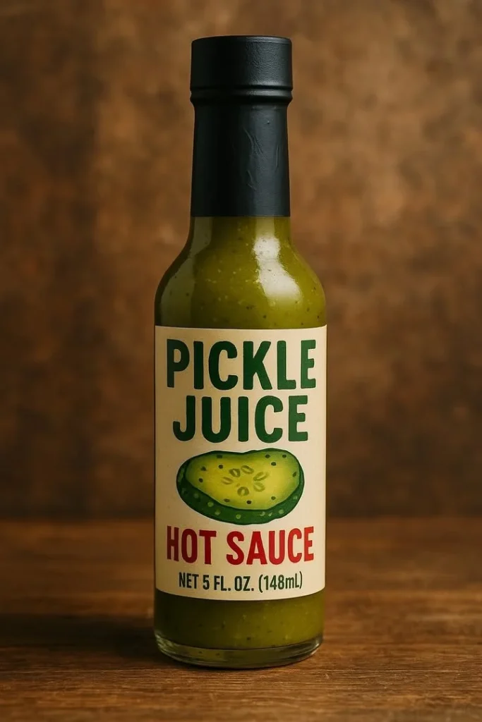 Bottle of pickle juice hot sauce with peppers and spices