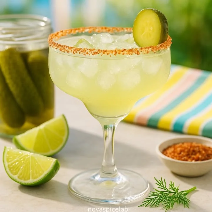 Refreshing Pickle Margarita served in a glass with a salt rim and pickles