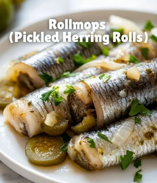 Delicious pickled herring rolls served on a platter