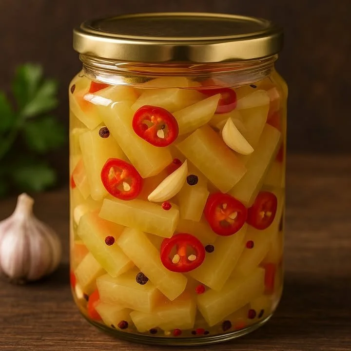 Pickled watermelon rind with chili and garlic dish served in a bowl
