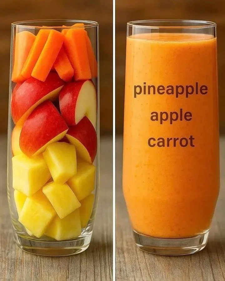 Pineapple Apple Carrot Smoothie in a glass with fresh ingredients