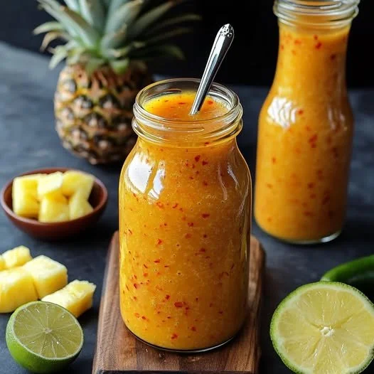 Pineapple Habanero Hot Sauce bottle with vibrant chili and pineapple ingredients