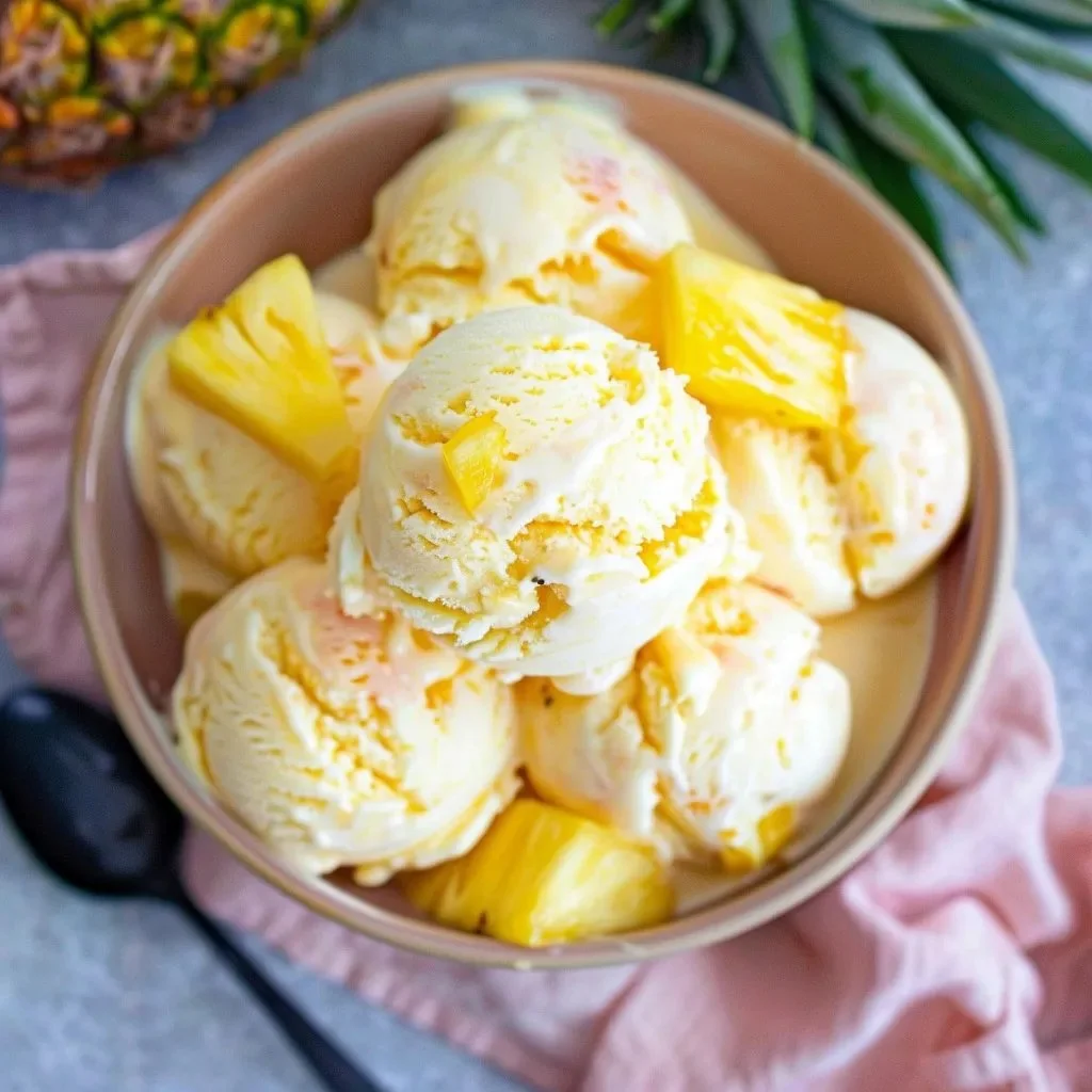 Delicious homemade pineapple ice cream in a bowl with fresh pineapple slices