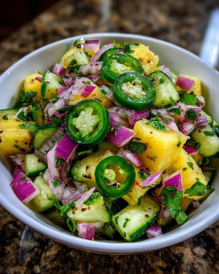 Pineapple Jalapeño Cucumber Salad served in a bowl with vibrant ingredients