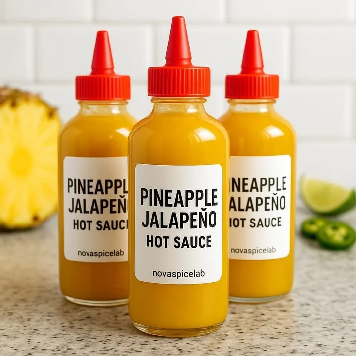 Pineapple Jalapeño Hot Sauce bottle with tropical ingredients