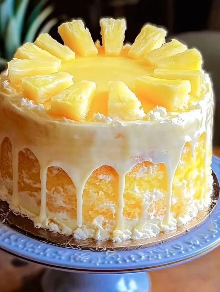 Delicious pineapple juice cake with frosting and pineapple slices