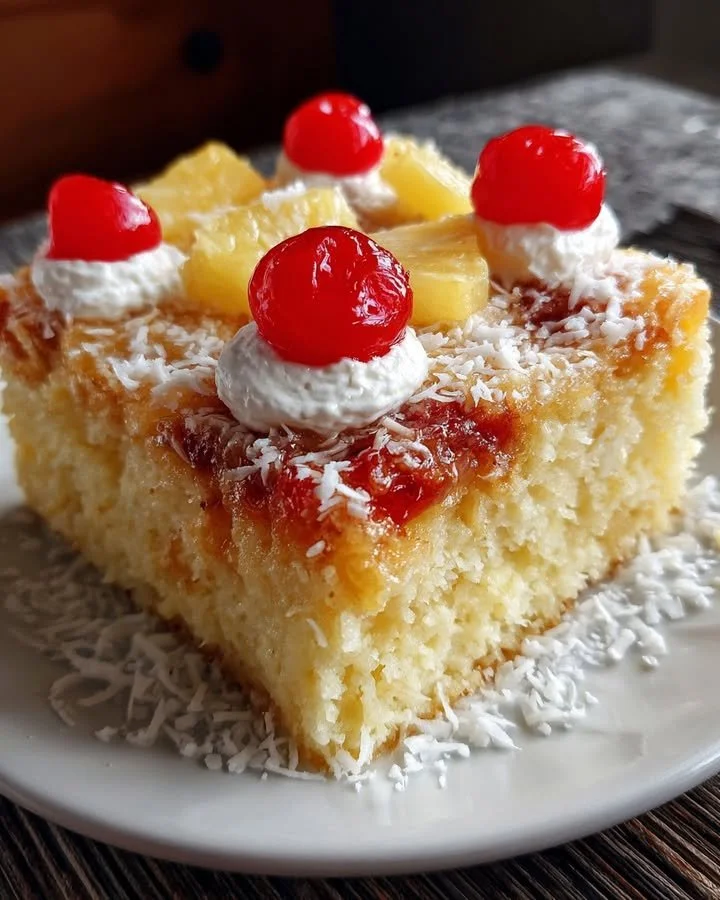 Delicious Pineapple Poke Cake topped with frosting and pineapple chunks