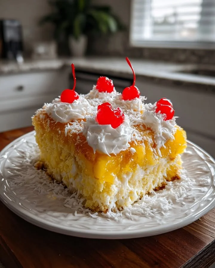 A slice of moist Pineapple Poke Cake topped with whipped cream and fresh pineapple.