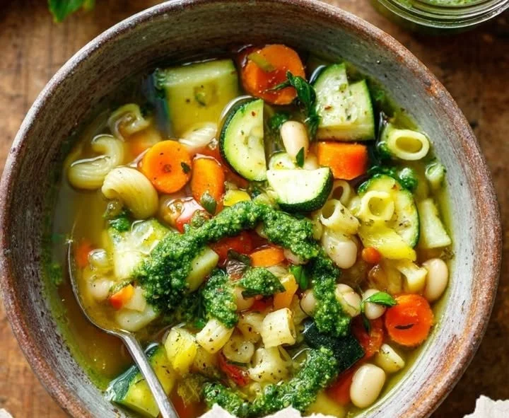 Bowl of Pistou Soup with vegetables and a drizzle of basil paste