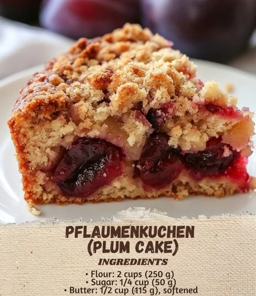 Delicious homemade plum cake served on a wooden table