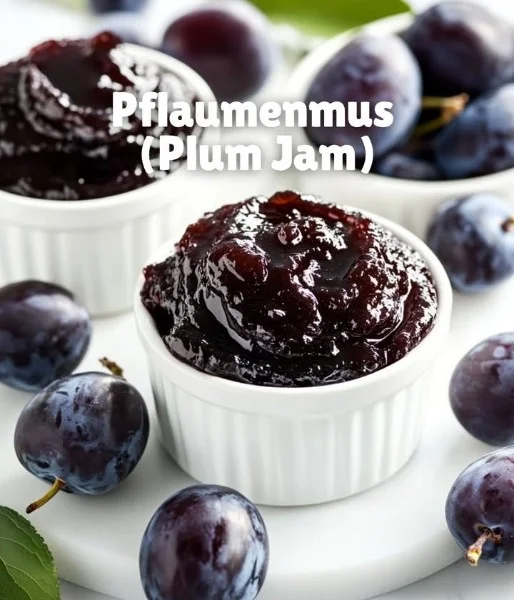 Homemade plum jam in a jar with fresh plums on the side.