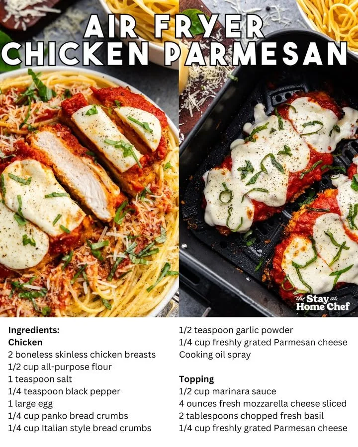 Plato de pollo a la parmesana cocinado en freidora de aire, dorado y crujiente