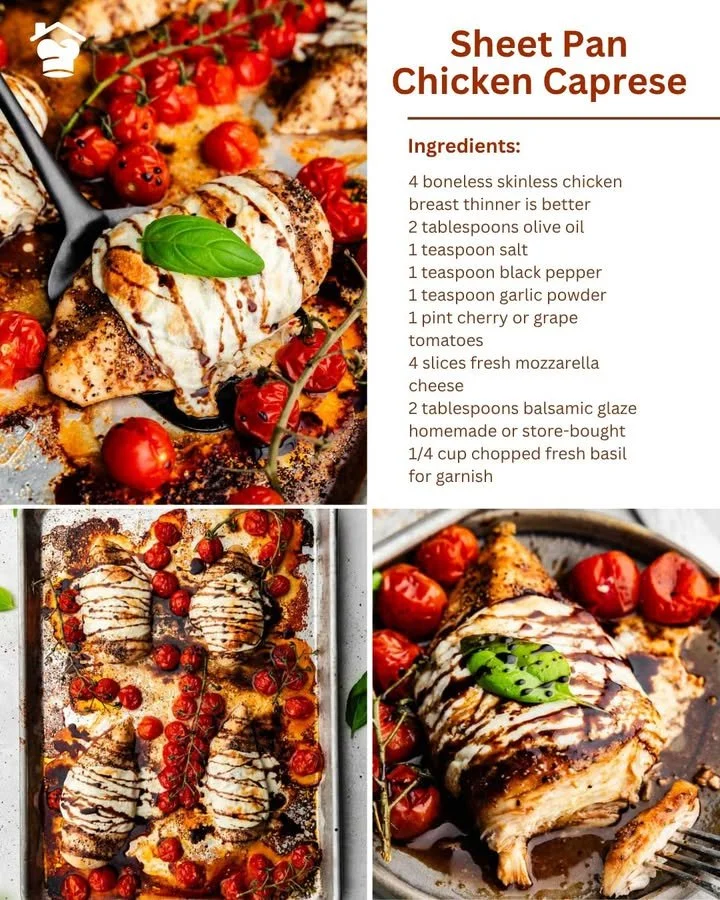 Pollo Caprese en bandeja con ingredientes frescos y coloridos