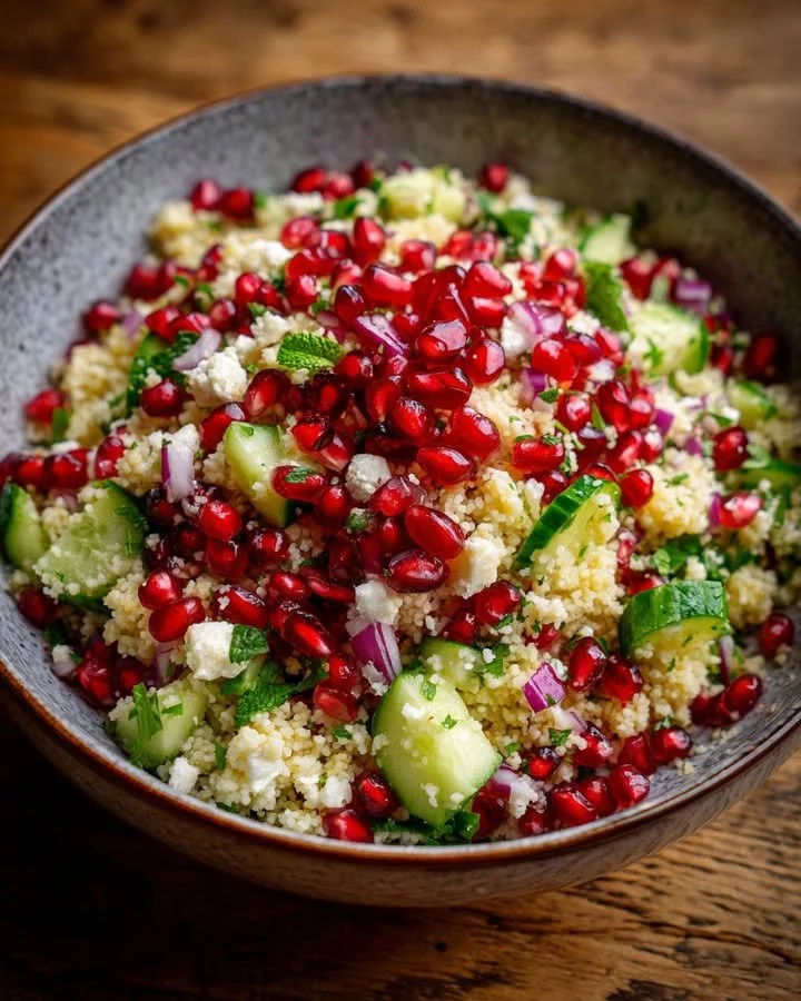 Delicious Pomegranate Couscous Salad topped with fresh pomegranate seeds