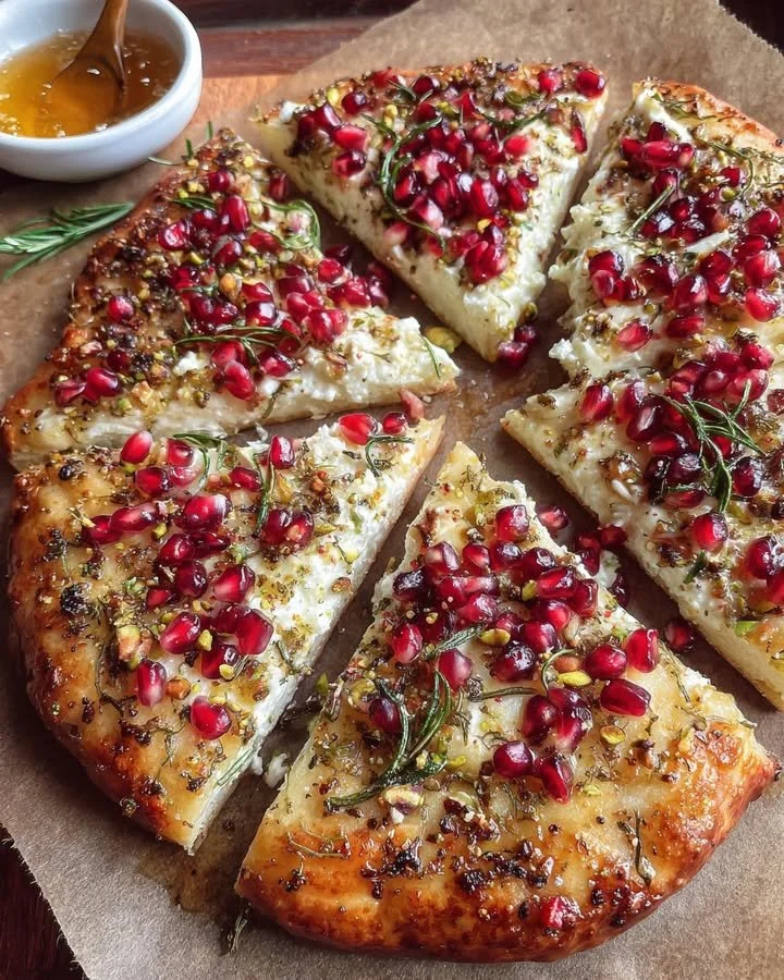 Pomegranate and Pistachio flatbread drizzled with rosemary honey on a rustic table.