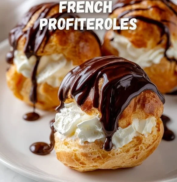 Delicious chocolate drizzled profiteroles filled with creamy goodness