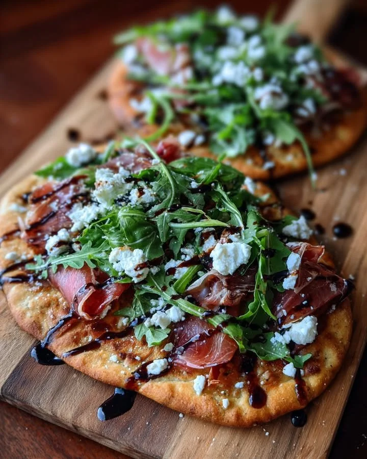 Prosciutto fig flatbread topped with arugula and goat cheese on a wooden serving board.