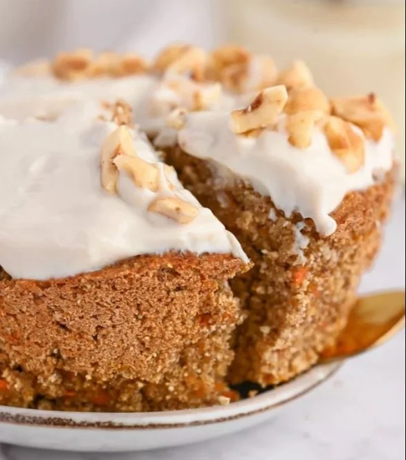 Delicious Protein Carrot Cake topped with cream cheese frosting