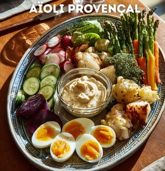 Bowl of homemade Provençal Aioli served with fresh vegetables.