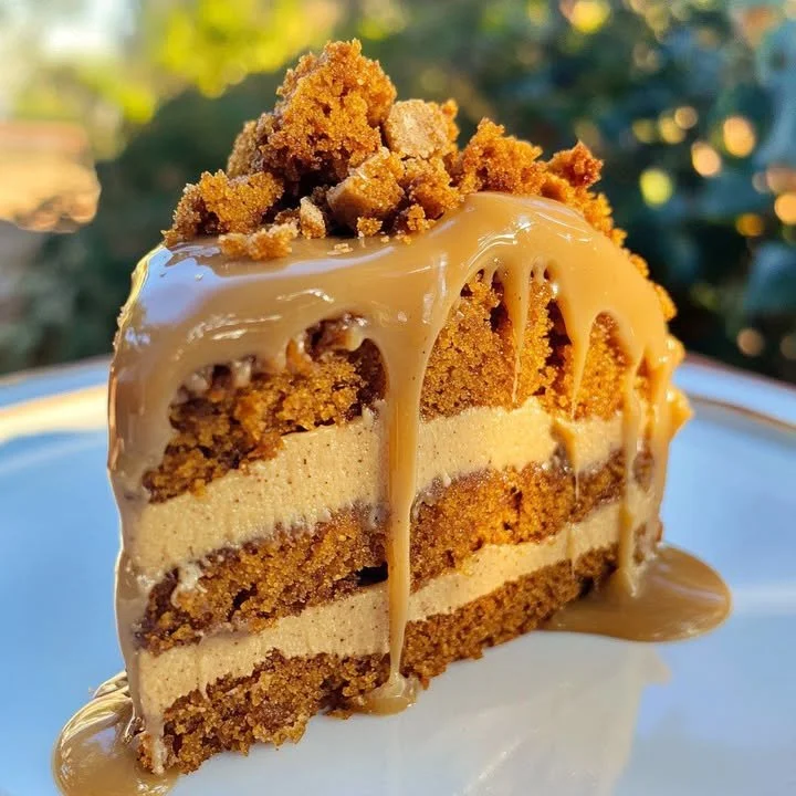 Pumpkin spice cake topped with Biscoff cookie crumble and icing