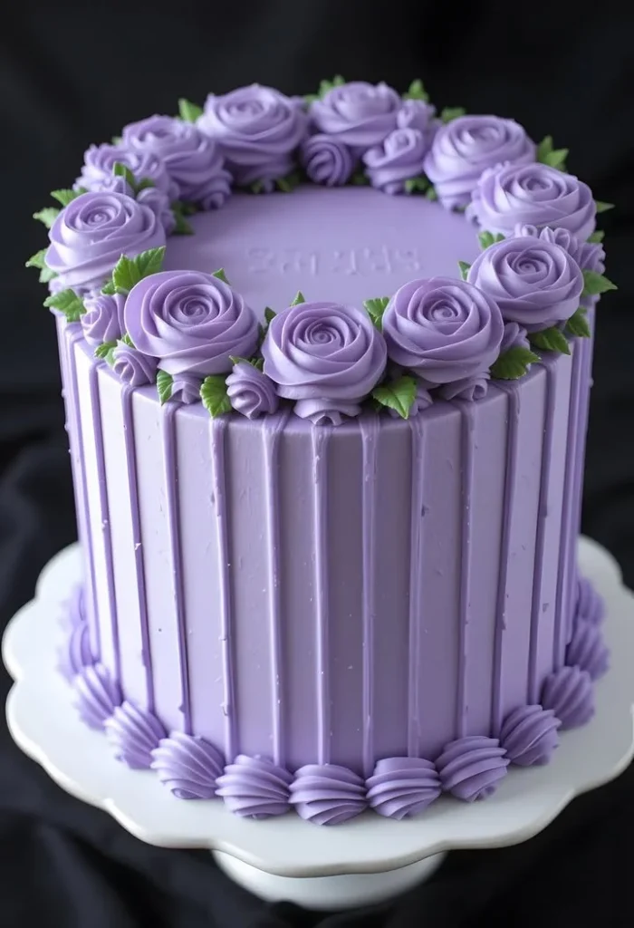 Purple Rose Cake with lavender frosting and edible rose decorations