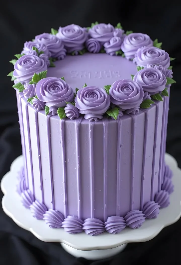 Purple Rose Cake with lavender frosting and edible rose decorations