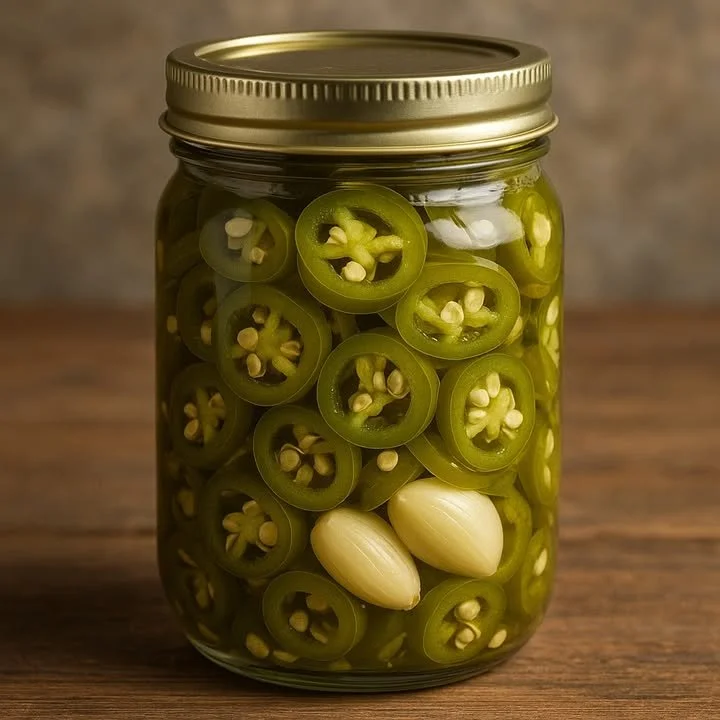 Quick pickled jalapeños with garlic recipe in a mason jar.