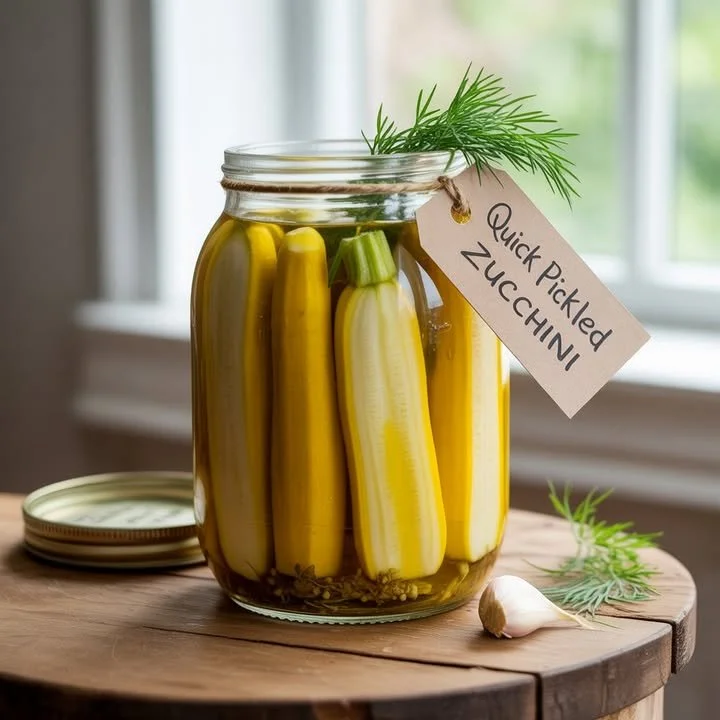 Quick pickled zucchini with garlic and dill in a jar.