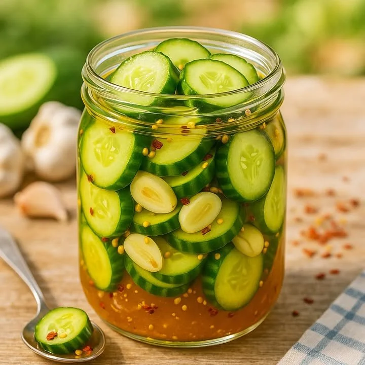 Jar of quick spicy garlic pickled cucumbers with fresh garlic and spices