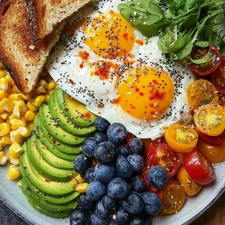 Colorful Rainbow Breakfast Plate with various fruits and healthy ingredients