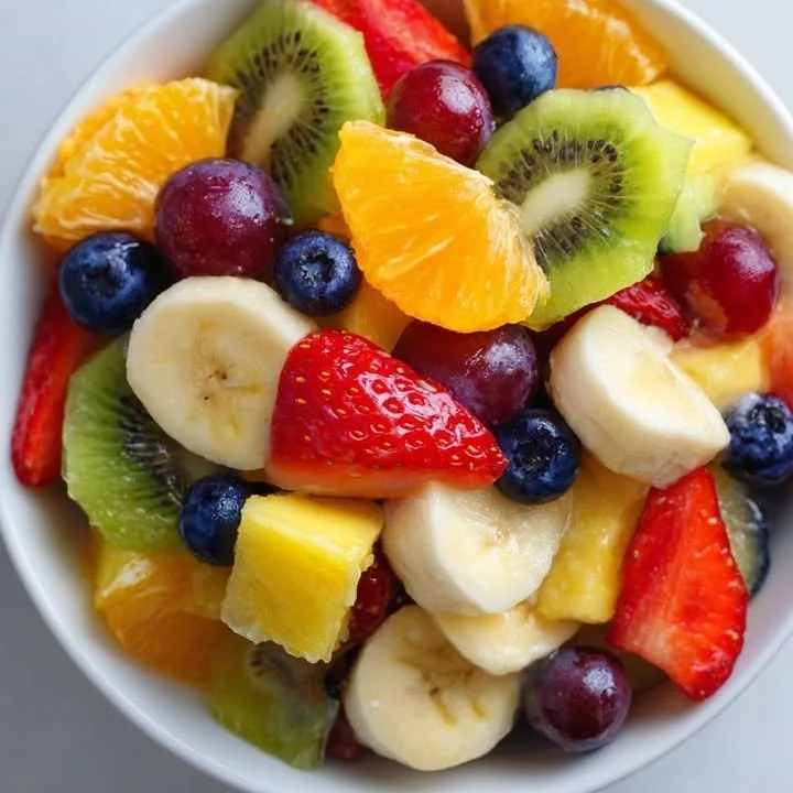 Colorful rainbow fruit salad featuring assorted fresh fruits in a bowl