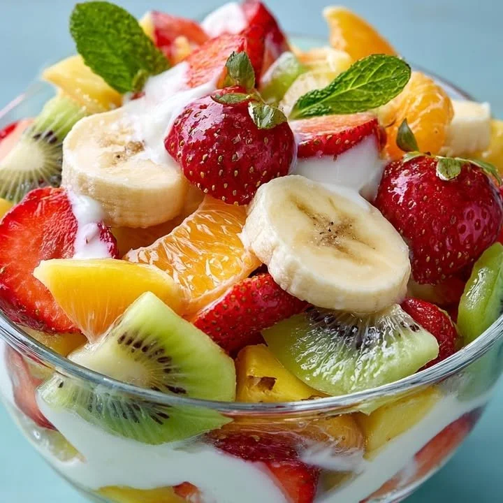 A vibrant bowl of rainbow fruit salad topped with creamy yogurt