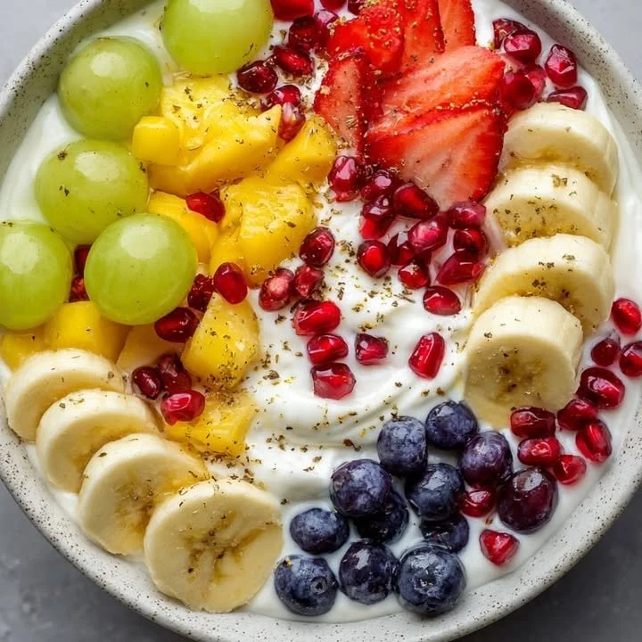 Colorful rainbow yogurt bowl topped with fresh fruits and granola