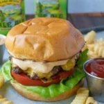Ranch Burger topped with Chipotle Mayo on a rustic wooden plate.