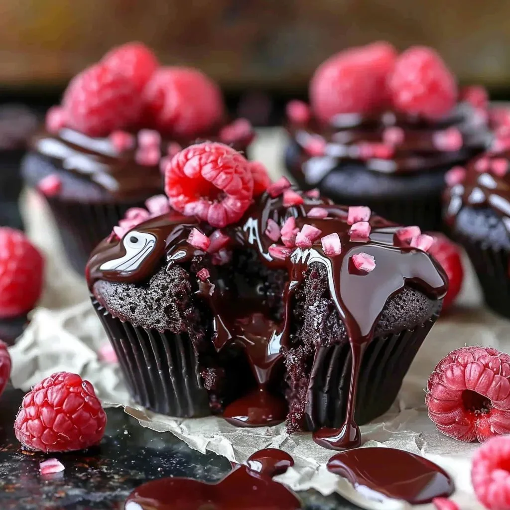 Delicious Raspberry Chocolate Lava Cupcakes with molten chocolate center