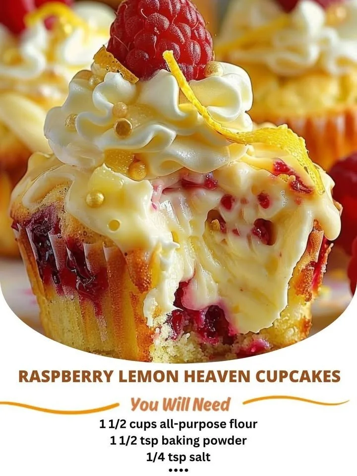 Delicious Raspberry Lemon Cupcakes topped with frosting and fresh raspberries