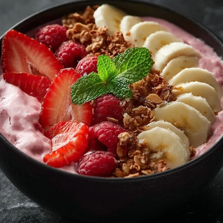 A vibrant raspberry strawberry smoothie bowl topped with fresh fruits and seeds
