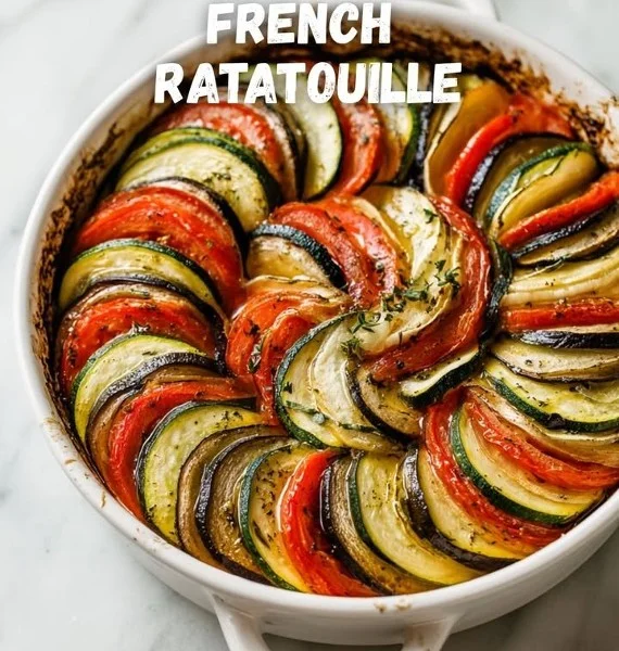 Colorful Ratatouille dish made with fresh vegetables and herbs in a bowl.
