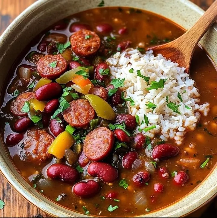 Delicious red beans and rice served in a bowl, garnished with green onions.
